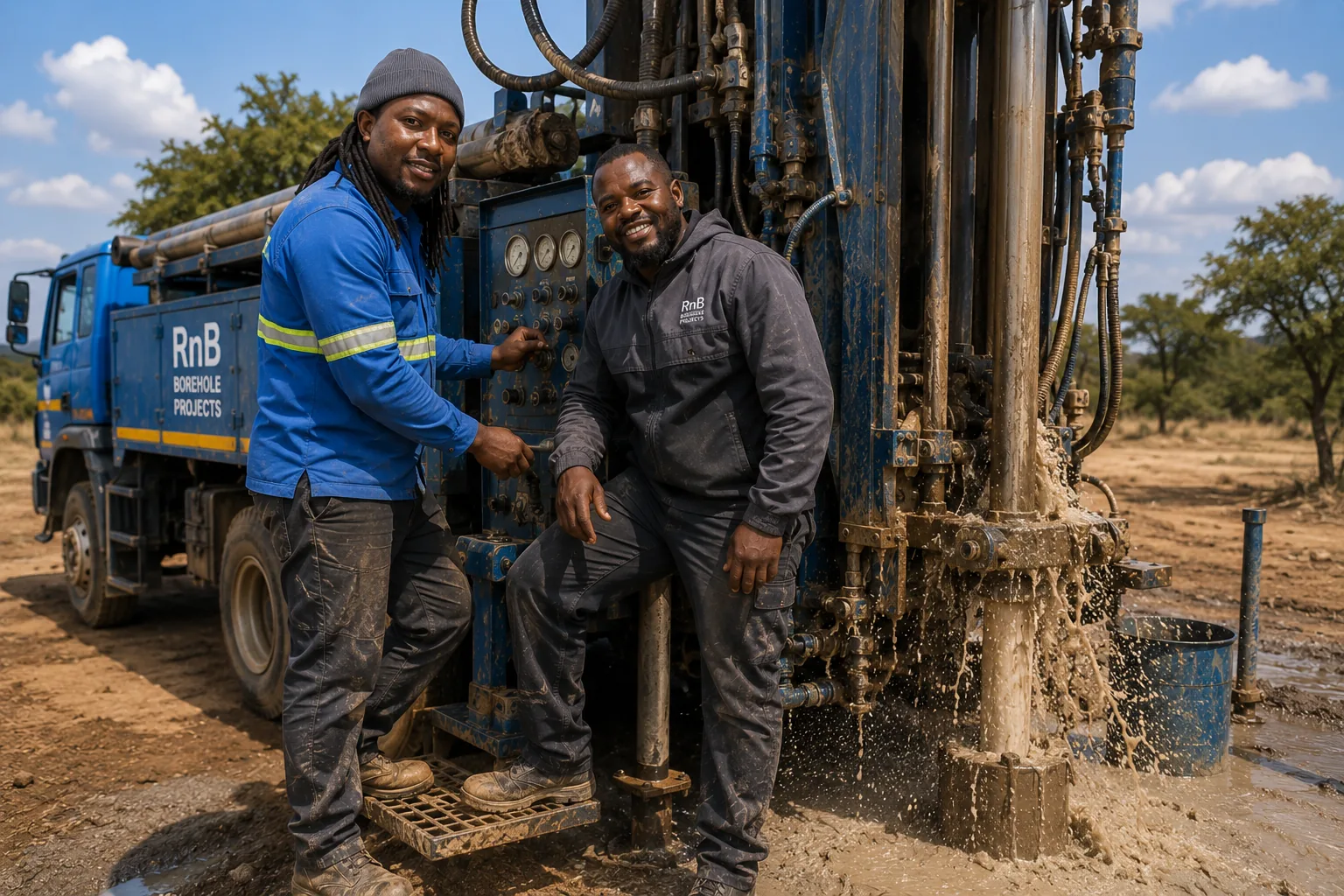 RnB Borehole Projects drilling team beside a professional borehole drilling rig